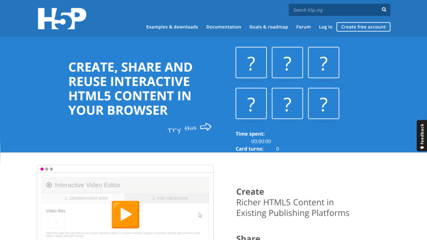 Homepage promoting interactive HTML5 content creation with a video editor preview.
