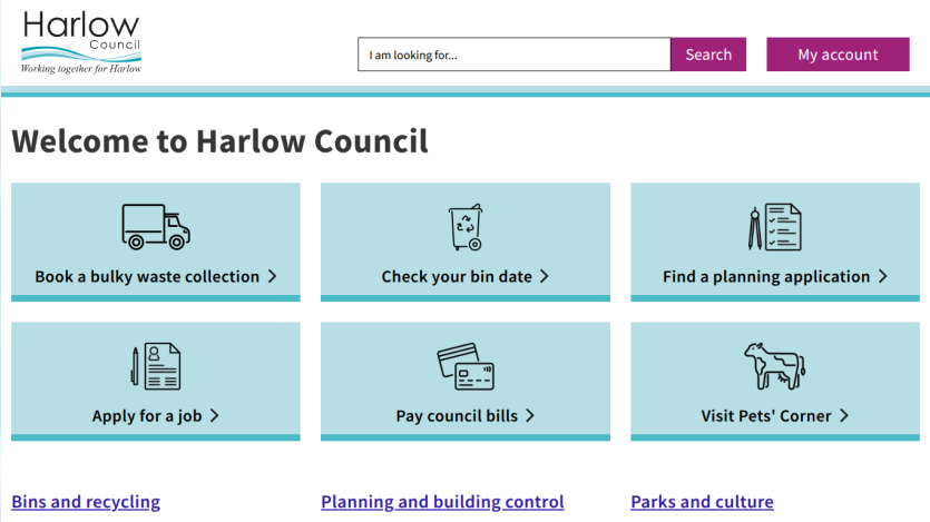 Harlow Council homepage with search bar, account access, and quick links for waste collection, bin dates, planning, jobs, bills, and pets