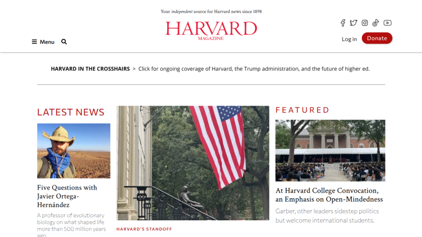 Harvard website featuring latest news and a prominent American flag image.