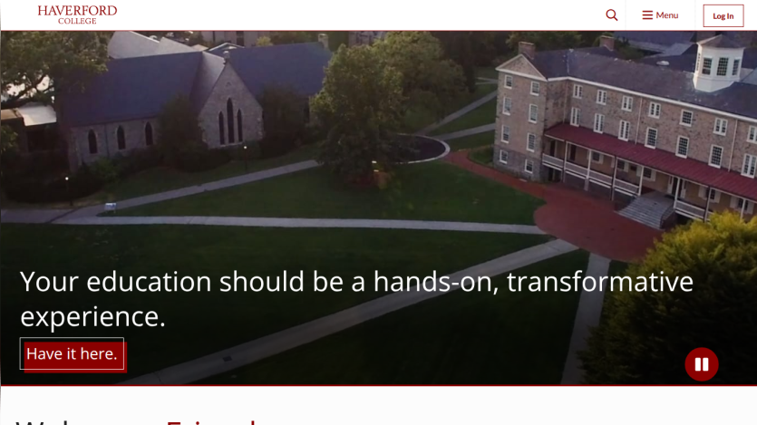Homepage featuring a campus view with a tagline about hands-on education.