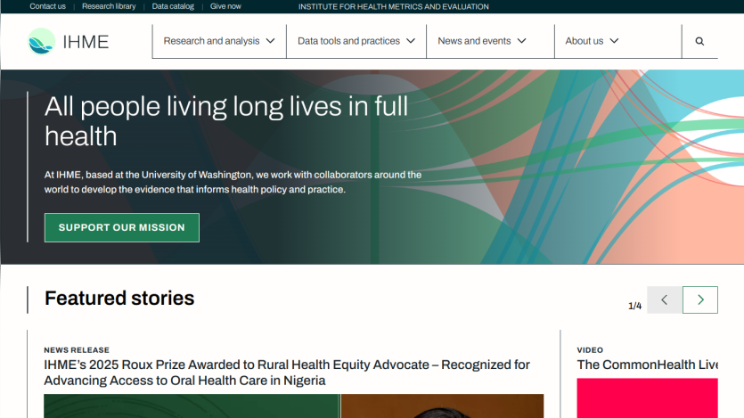 Homepage of IHME featuring mission statement and featured stories section.
