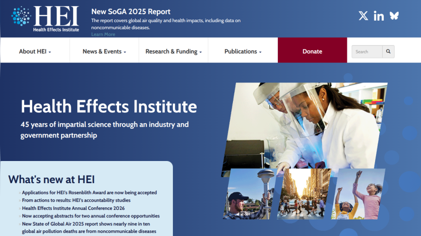 Health Effects Institute homepage highlighting 45 years of impartial science, news updates, and images of researchers and urban scenes.