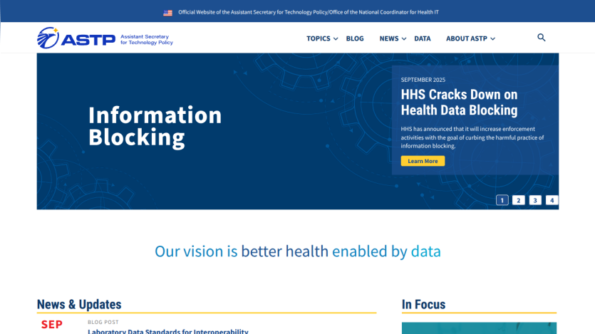 Homepage of ASTP featuring 'Information Blocking' headline and vision statement.