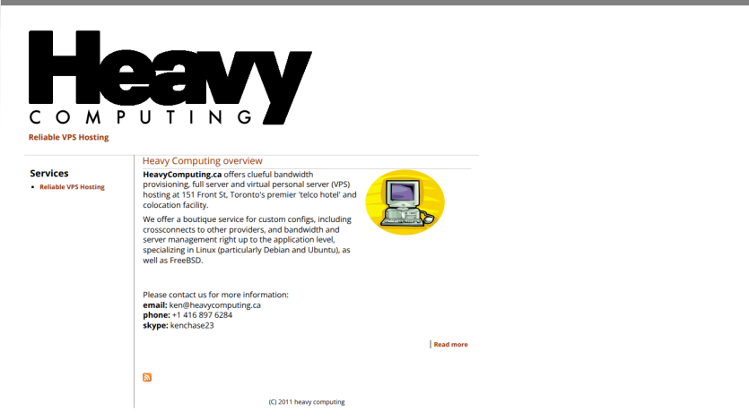 Heavy Computing VPS hosting overview with services, contact email, phone, and Skype details