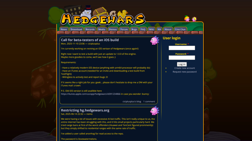 Hedgewars website homepage with news about iOS beta testing and user login form.