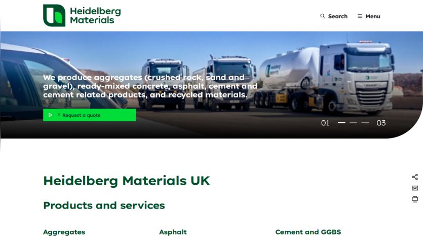 Heidelberg Materials UK homepage with hero image of trucks and text about aggregates, concrete, asphalt, cement, and recycled materials