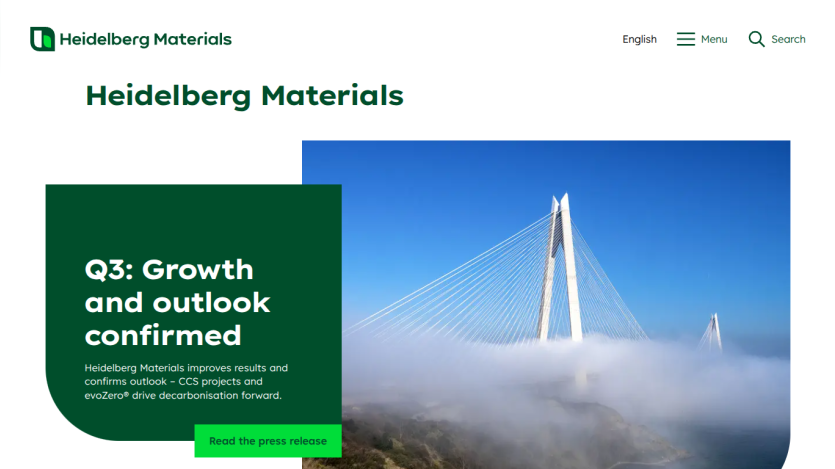 Heidelberg Materials homepage with Q3 growth and outlook confirmed headline and a bridge image