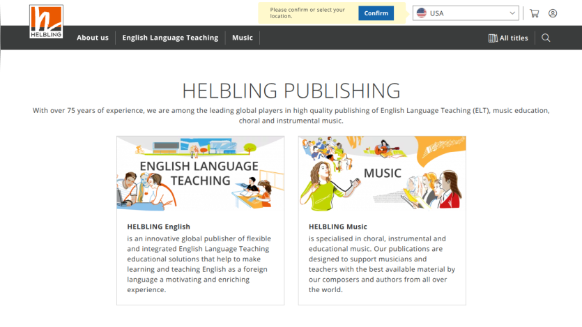 Helbling Publishing homepage with navigation and sections on English language teaching and music resources