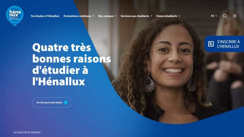 Homepage of Hénallux with headline about four good reasons to study there and a smiling woman in the hero section