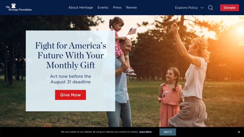 Call to action for monthly donations with a family in a park setting.