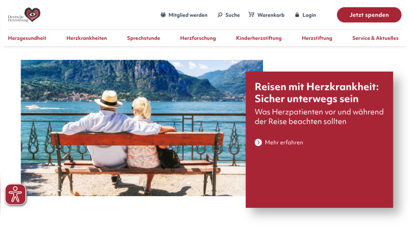 Website promoting safe travel for heart patients, featuring a scenic image and key information.