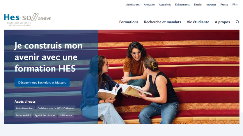 Homepage featuring students discussing education opportunities with a call to action for HES training.