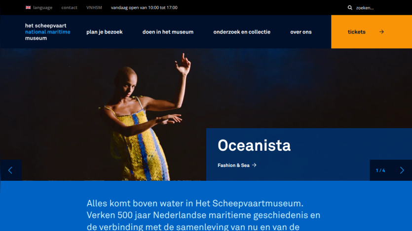 Het Scheepvaart National Maritime Museum homepage with navigation and Oceanista Fashion & Sea feature