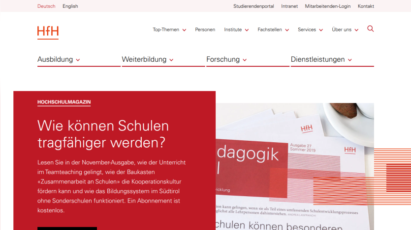 HfH website with navigation menus and a featured Hochschulmagazin article about making schools more sustainable, with subscription info.