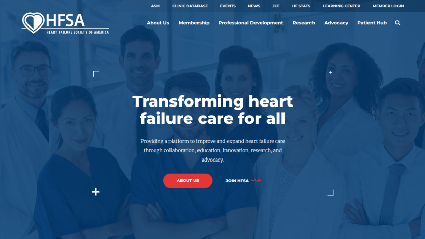 Heart Failure Society of America homepage with headline transforming heart failure care and navigation menu