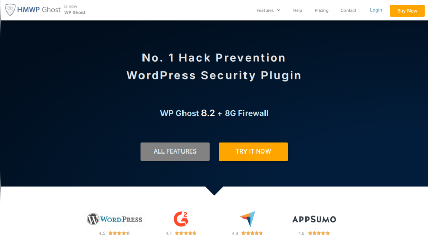 WordPress security plugin WP Ghost with hack prevention, version 8.2 and 8G firewall, featuring call-to-action buttons