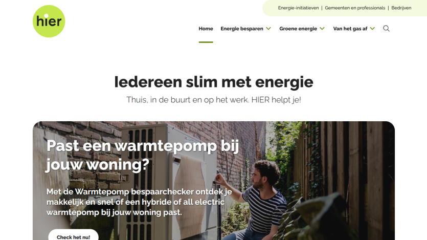 Website promoting smart energy use with a heat pump suitability checker for homes, featuring a man inspecting a heat pump outdoors.