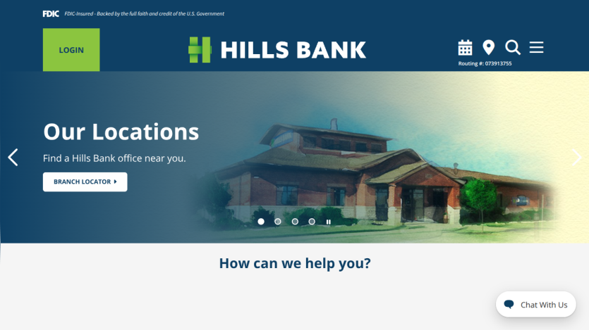 Hills Bank homepage with free checking offer, login button, and navigation icons