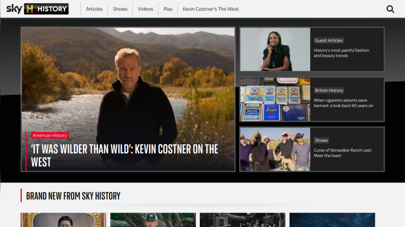 Sky History homepage featuring Kevin Costner with a headline about the West.