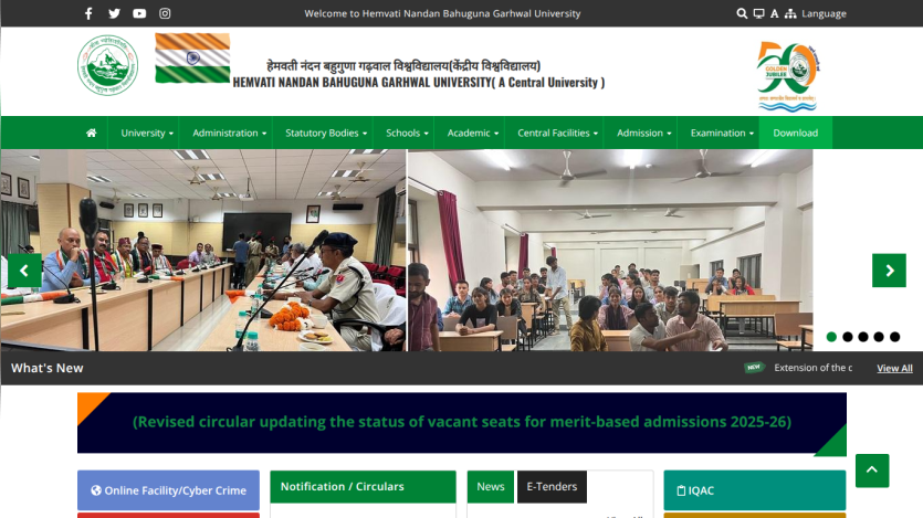 Homepage of a university featuring images of students and announcements.