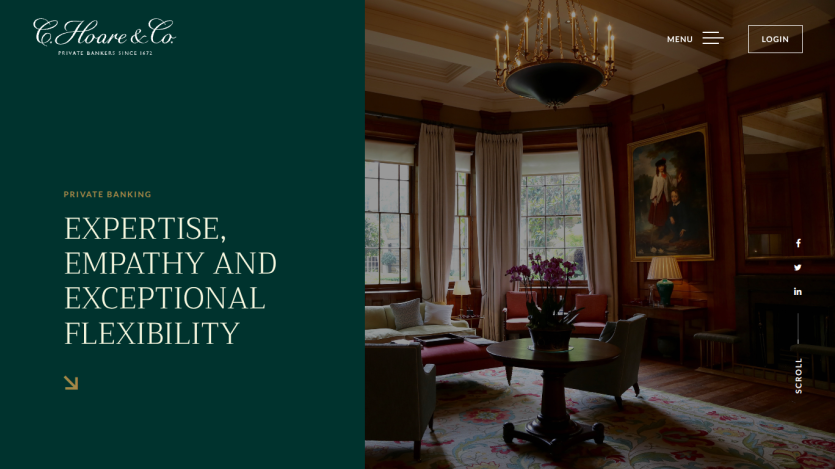 Private banking homepage with headline Expertise, Empathy and Exceptional Flexibility and a cozy, elegant room interior