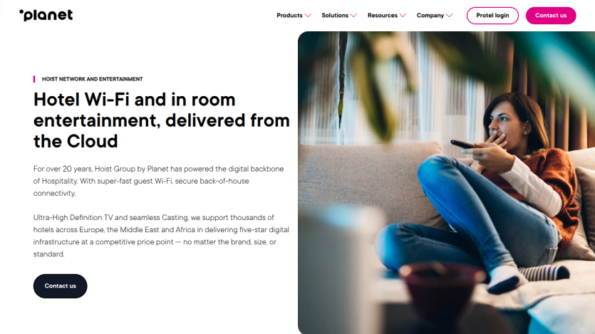 Hotel Wi-Fi and in-room entertainment services delivered from the Cloud by Hoist Group, with contact button