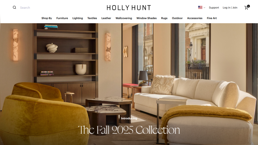 Holly Hunt website showcasing The Fall 2025 Collection with modern living room furniture and decor