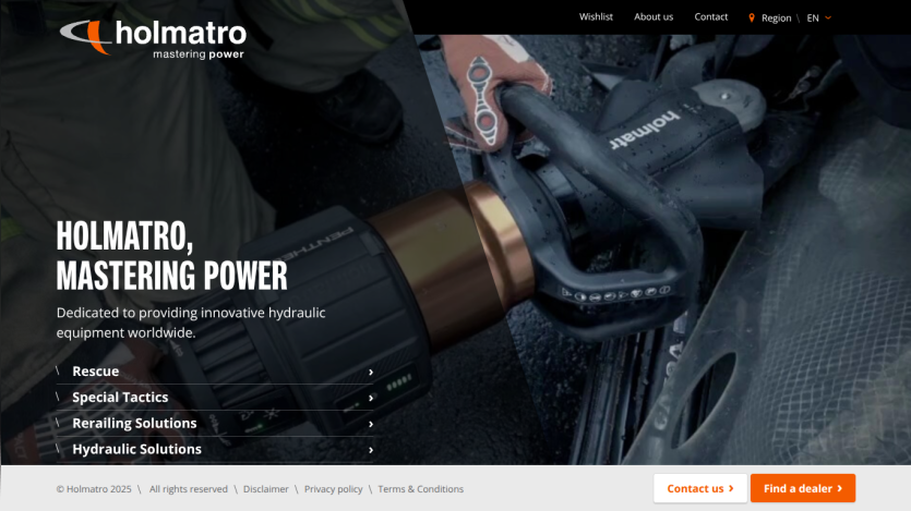 Holmatro homepage showcasing innovative hydraulic equipment with navigation links for Rescue, Special Tactics, Rerailing Solutions, and Hydraulic Solutions