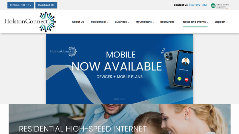 HolstonConnect homepage with navigation and hero banner announcing mobile devices and plans now available