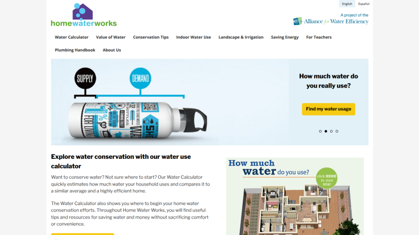 Home Water Works site with water use calculator, conservation tips, and call to action to find water usage