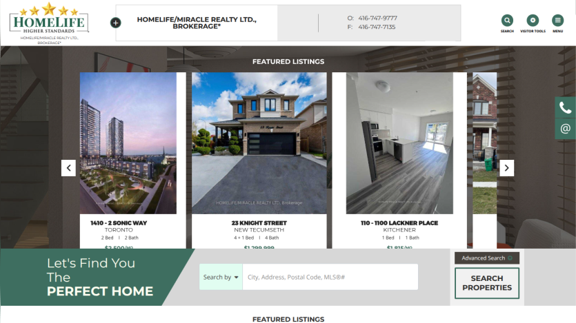 Real estate website homepage with featured property listings and a search bar to find homes.