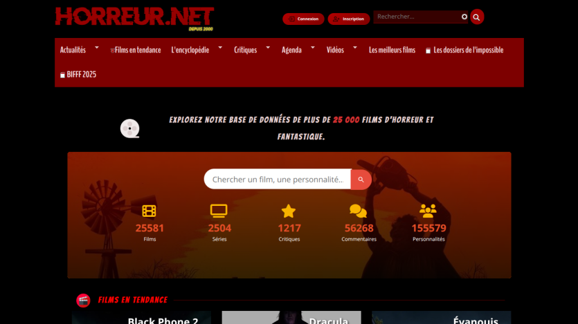 Horreur.net horror and fantasy film database with search bar and statistics on films, series, reviews, comments, and personalities.