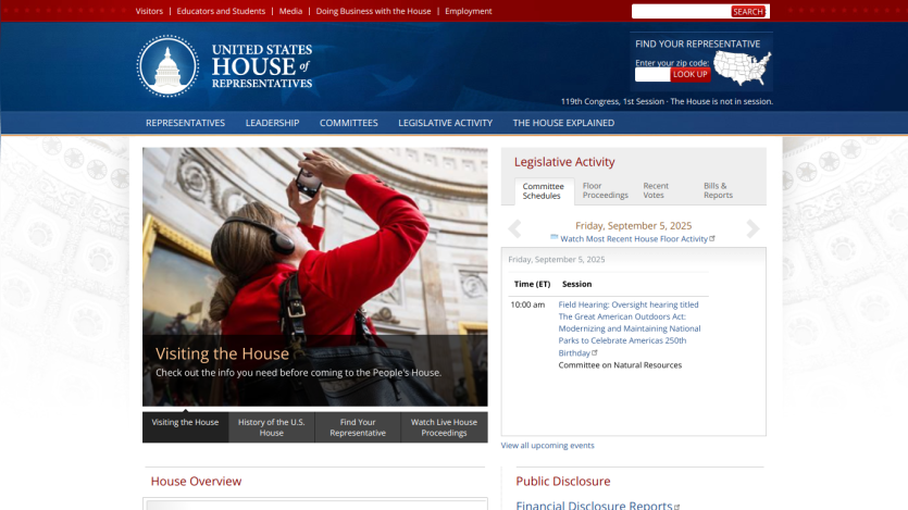 Homepage of the U.S. House of Representatives with visitor information and navigation options.