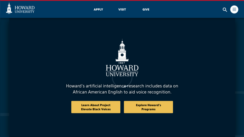Howard University's AI research project on African American English with buttons for more information.