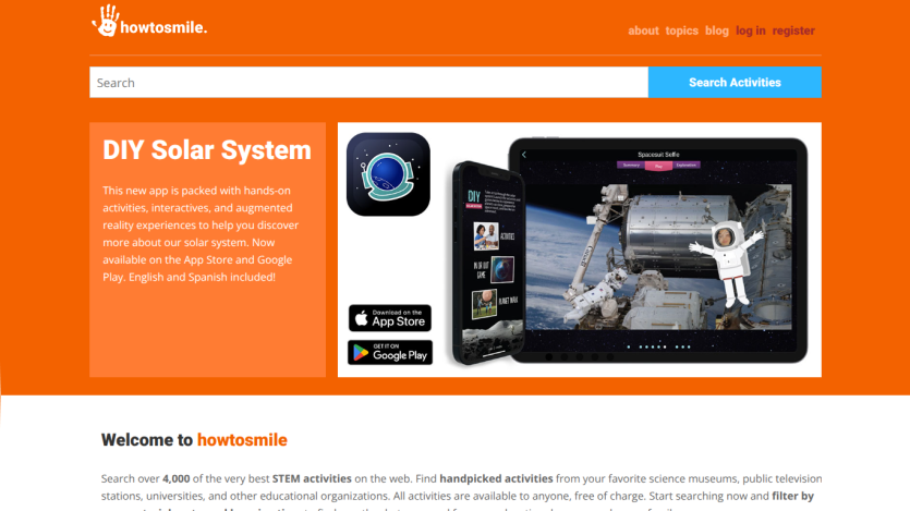 Homepage promoting DIY Solar System app with hands-on STEM activities and search bar for science activities