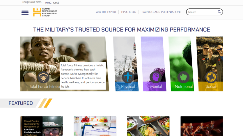Military performance resource site with Total Force Fitness framework and categories Physical, Mental, Nutritional, Social