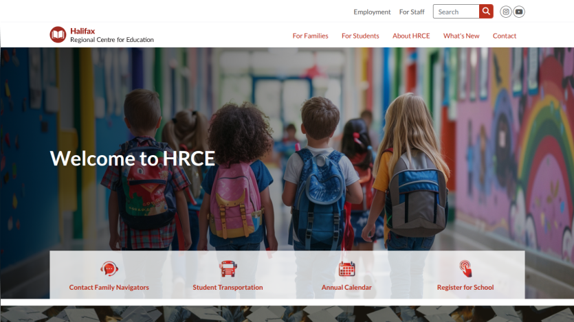 Halifax Regional Centre for Education homepage with welcome message and navigation links for families, students, and school registration