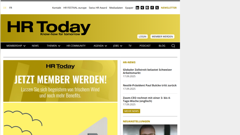 HR Today website with membership call to action, news headlines, and navigation menu in German