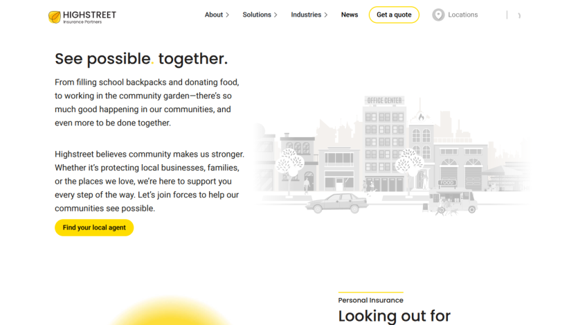 Highstreet Insurance Partners homepage with community-focused message and call to action to find a local agent