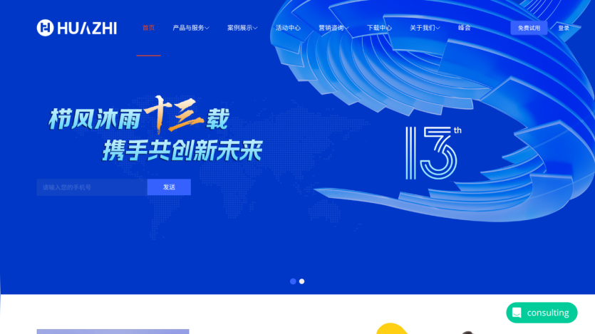 Technology company homepage with blue-themed hero section celebrating 13 years and a call to action button