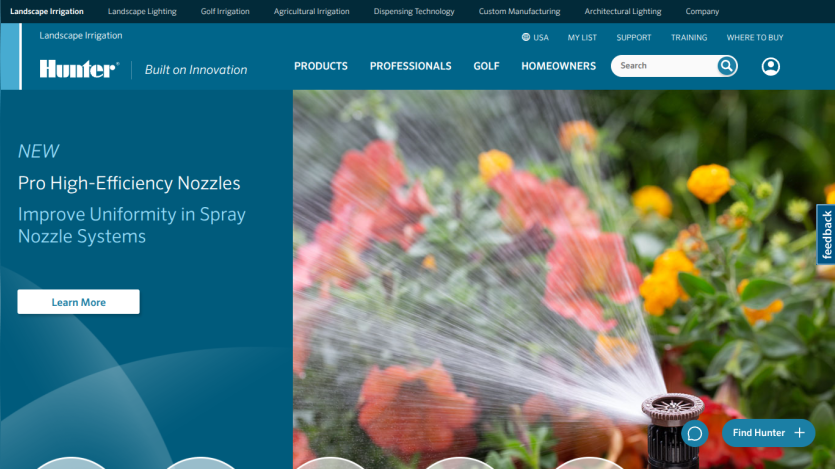 Hunter irrigation website showcasing new high-efficiency nozzles for spray systems.