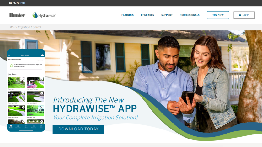 Introducing the Hydrawise app for irrigation solutions with a call to action to download.