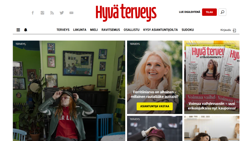 Health website Hyvä terveys with articles on ferritin levels, special issue magazine, and health topics