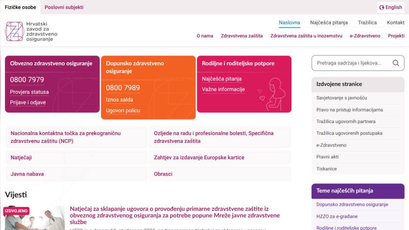 Croatian health insurance portal homepage with navigation menu, login section, and health news updates