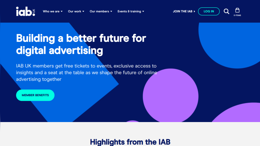 IAB UK homepage promoting digital advertising with member benefits and navigation menu