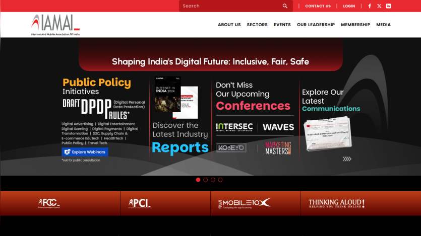 IAMAI homepage highlighting India's digital future, upcoming conferences, industry reports, and latest communications