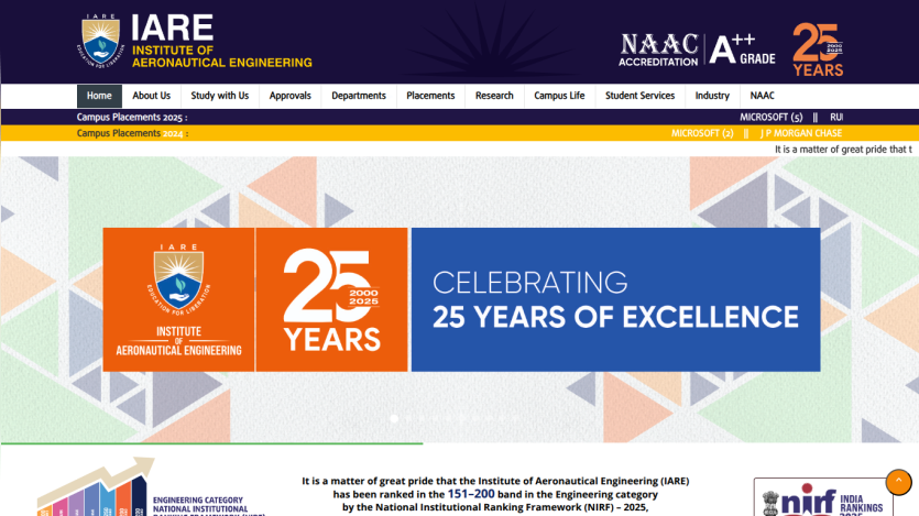 IARE Institute website celebrating 25 years of excellence with a prominent banner.