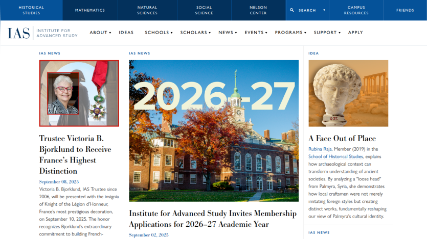 Homepage of IAS featuring news, membership info, and a prominent image of the campus.