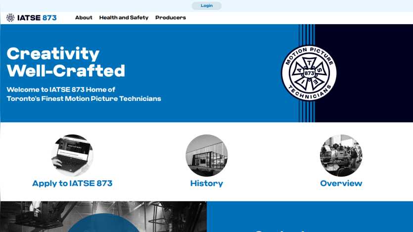 IATSE 873 homepage with navigation, slogan Creativity Well-Crafted, and links to Apply, History, and Overview