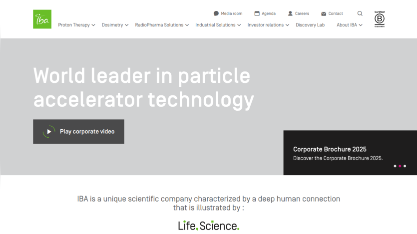 Homepage of IBA showcasing leadership in particle accelerator technology with navigation and corporate brochure highlight